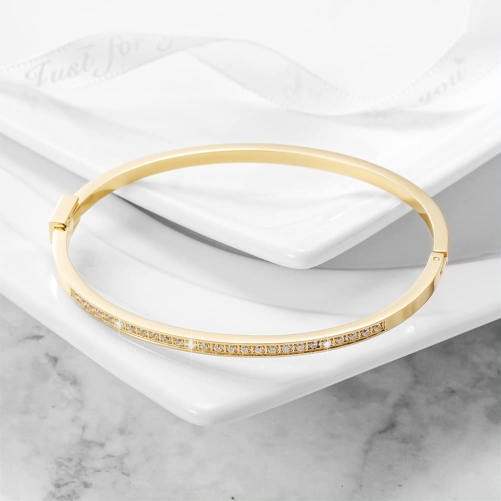 WISTIC Gold CZ Thin Bangle Bracelet for Women Stainless Steel Metal Rose Gold Silver Plated Cuff Bangle Jewelry for Lady Gift