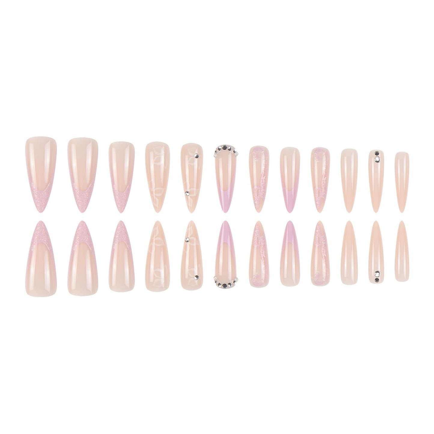 SINHOT Stiletto Press on Nails - Long Fake Nails, Glossy Finish, White Flower & 3D Rhinestones, DIY Artificial False Nail Art - 24 Pcs Nail Kit with Glue