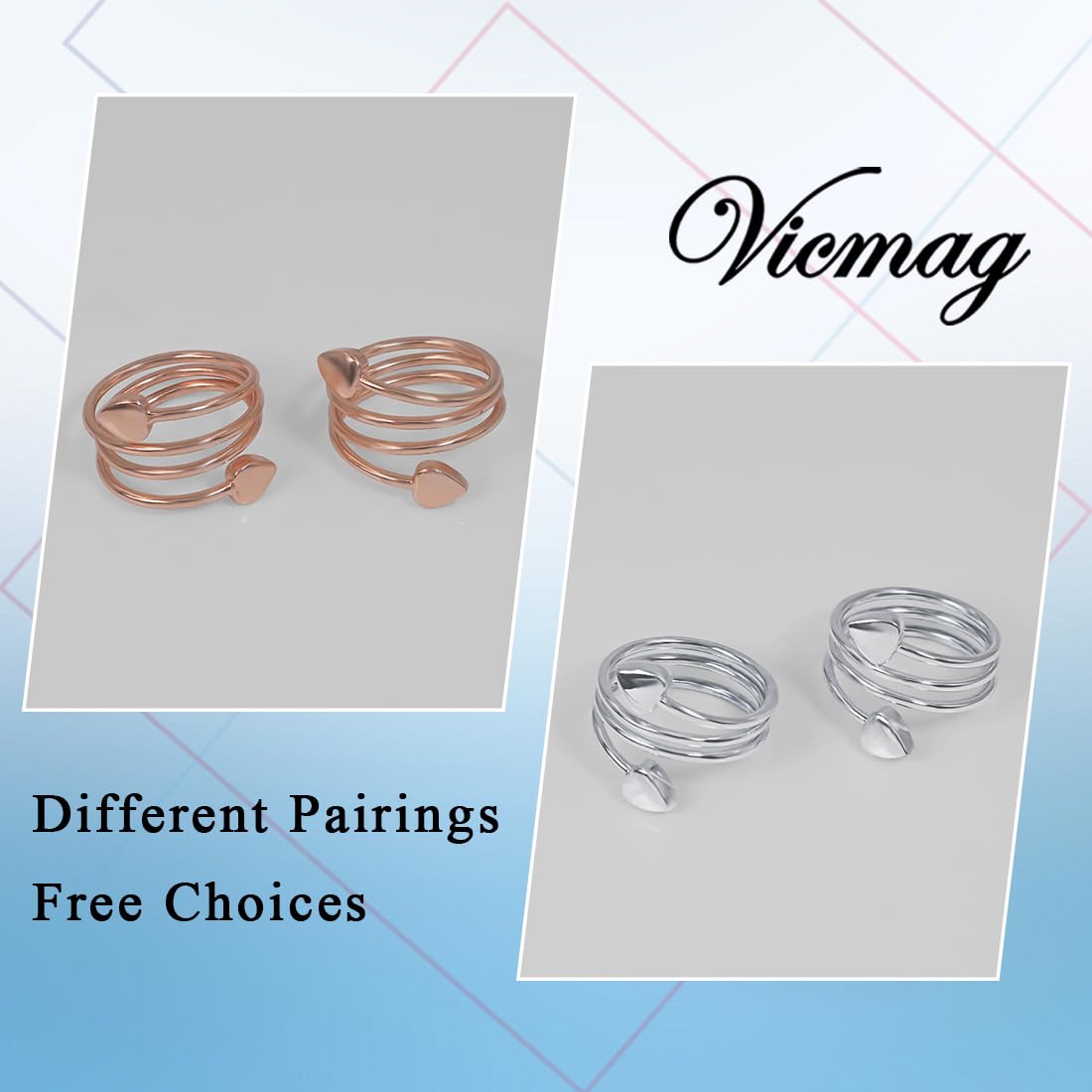 Vicmag Copper Magnetic Ring for Women Ring Ladies Fingers Thumb 99.9% Solid Pure Copper Gift 2PCS Adjustable (Rose Gold Heart)