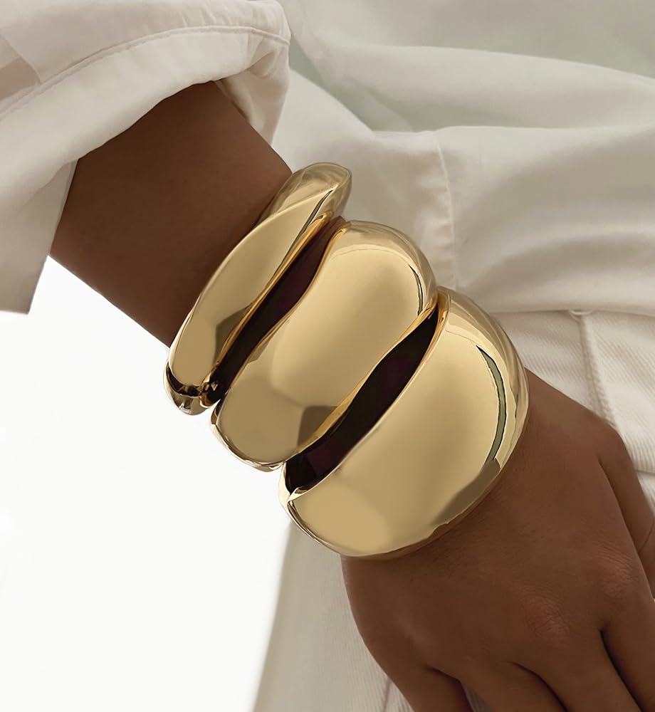 Chunky Gold Bangle Bracelets for Women, Dainty 14k Gold Plated Thick Stackable Bangles Set, Non Tarnish Cuff Bracelet Stack Trendy Stuff Gifts for Daughter Wife Mom