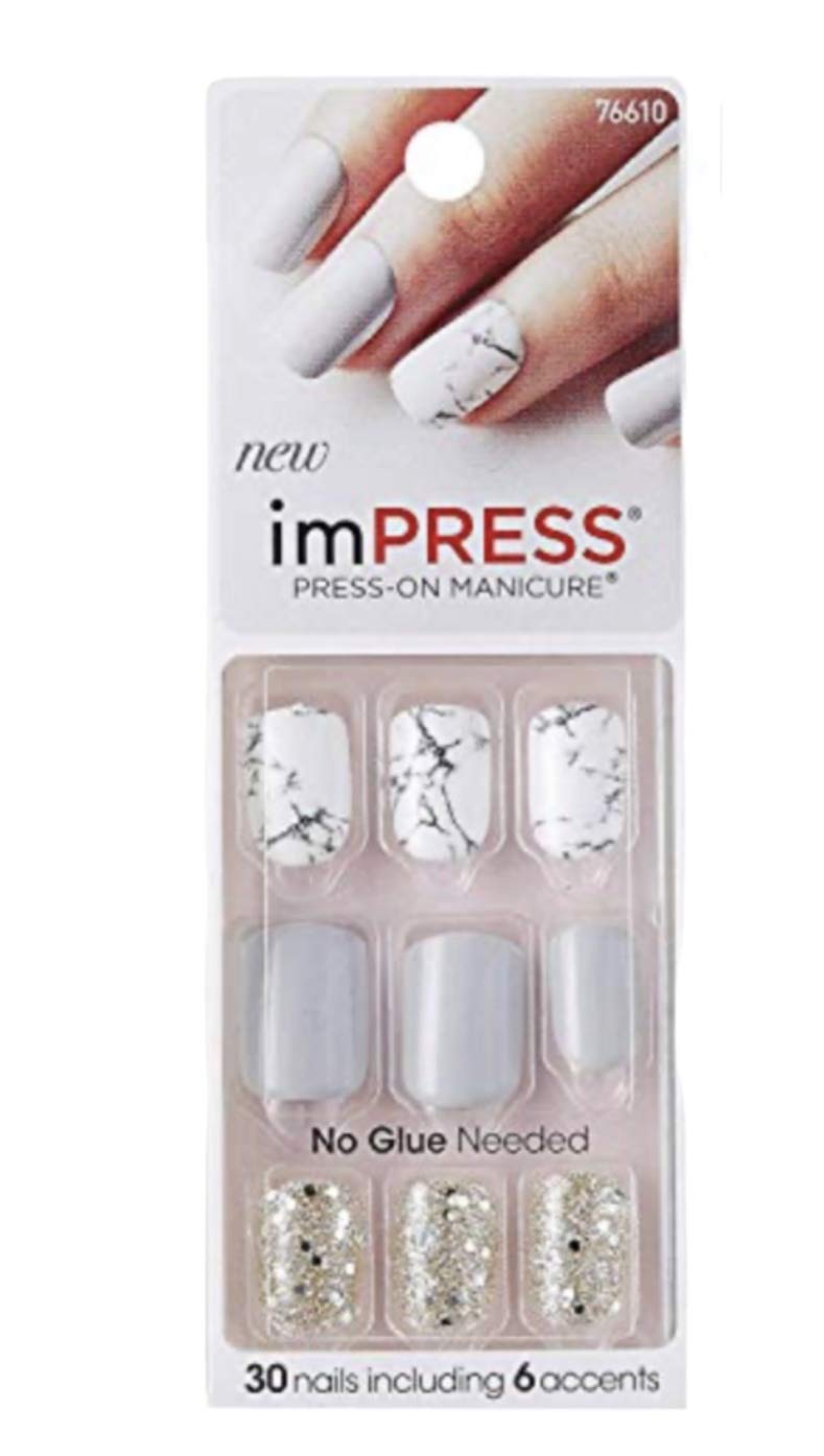 Kiss imPress Press-On Manicure White and Gray Nails 76610 Yeah Boy