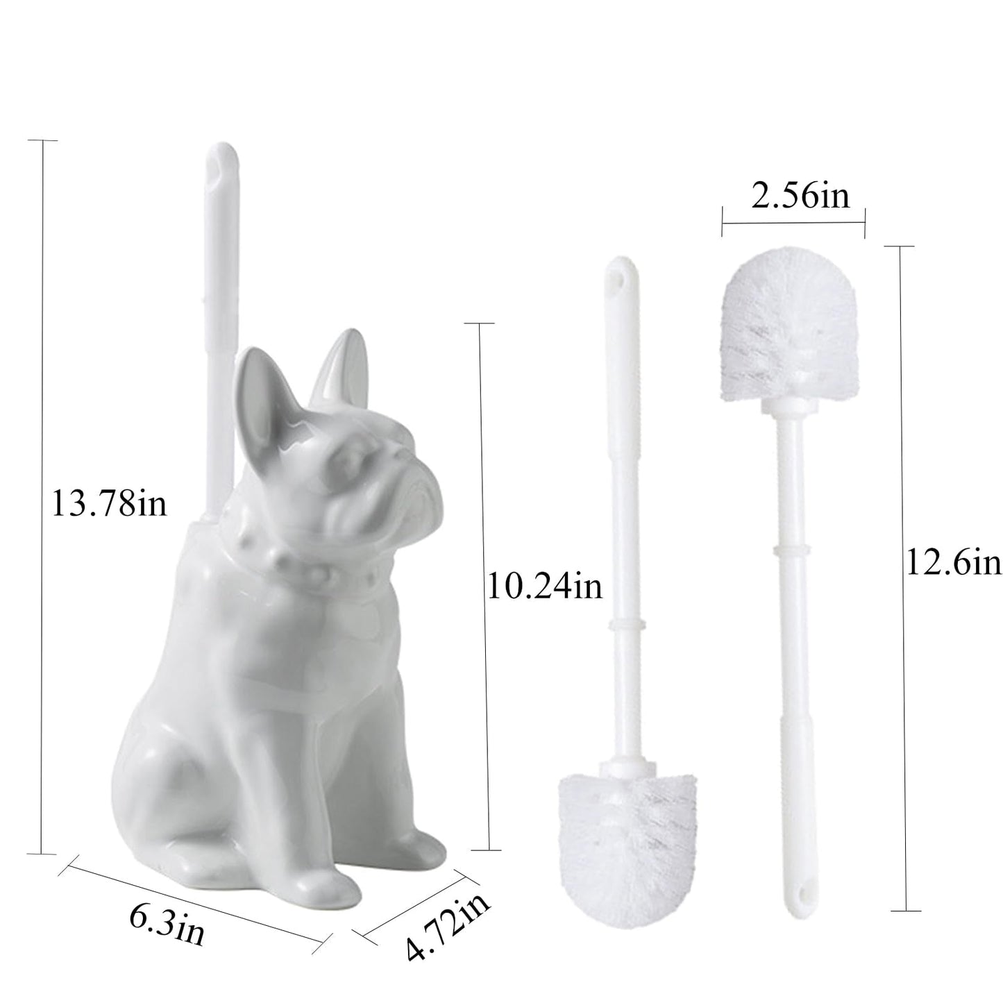 Ceramic French Bulldog Toilet Brush Holder – Cute Bathroom Decor with Hideaway Storage, Space-Saving Design, Premium Ceramic Dog Lover Gift, Includes 2 Durable Scrub Brushes (White)