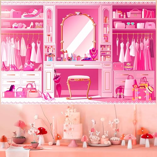 HANYING Pink Princess Cloakroom Backdrop,10x7ft Cartoon Girly Vanity Table Makeup Photography Background,Girls Birthday Baby Shower Photo Backdrop,Portrait Studio Props,HY0137YL - size: 10x7ft