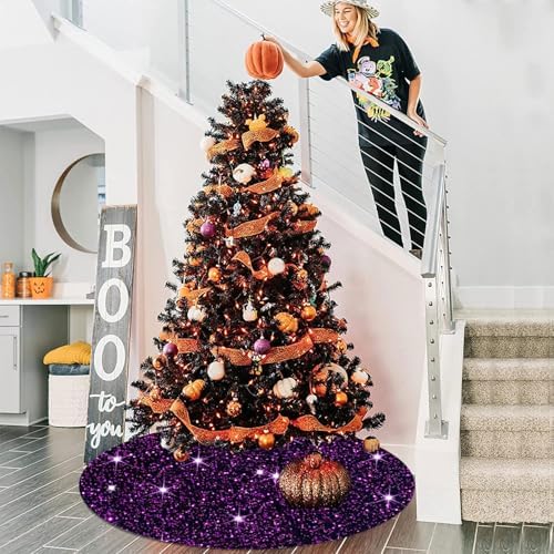 Purple Tree Skirts Christmas 21 Inch Sequin Glitter Tree Skirts Velvet Fabric Decoration Halloween Tree Skirt Glittery Pencil Tree Skirt for Festival Holiday Party Purple Ornament Decorations
