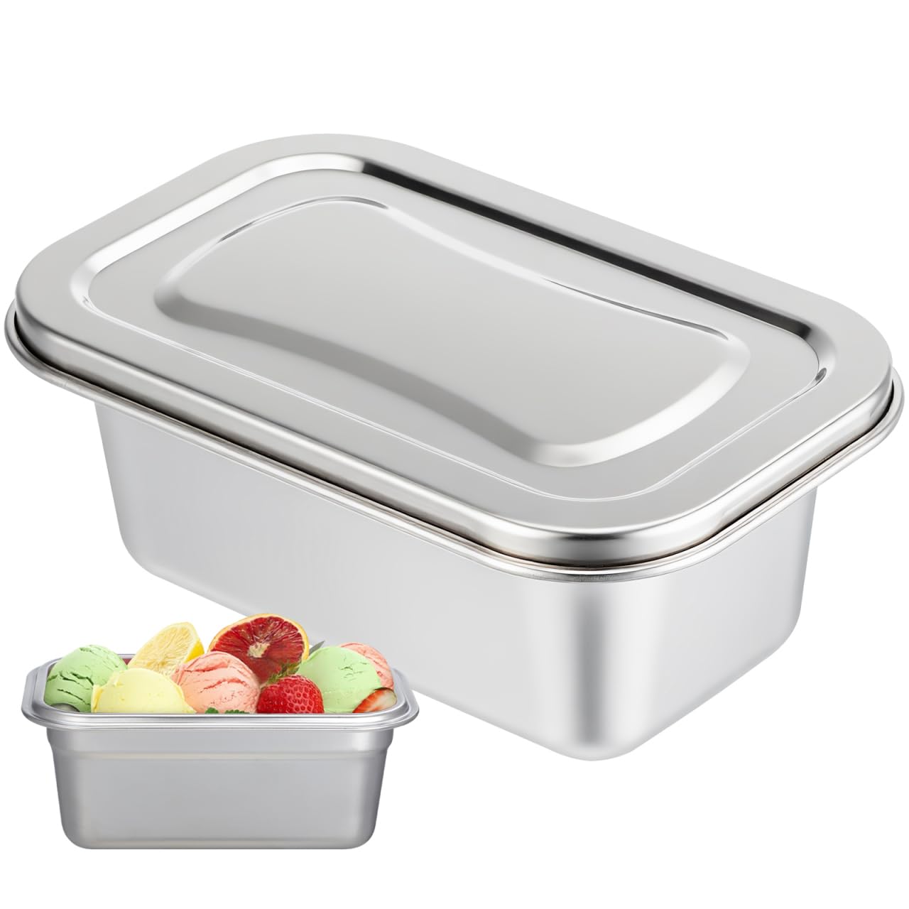 Amosfun Stainless Steel Ice Cream Container 6.69 X 4.33 X 2.75 Inch Sealed Household Freezer Storage Box Multi-Function Fridge Food Container