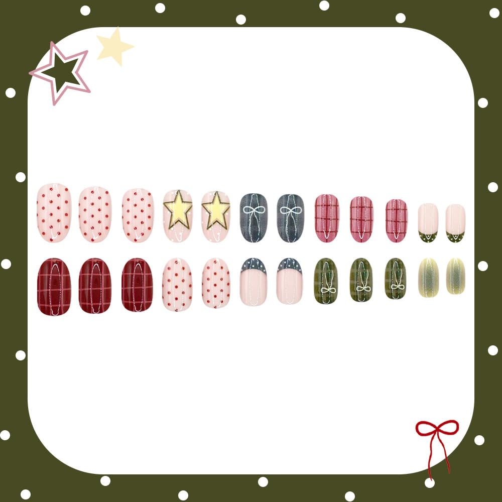 Star Polka Dot Press on Nails Short - Oval Fake Nails French Tip Bow False Nails with Plaid Designs Glossy Full Cover Glue on Nails Polka Dot Tip Nails Press ons for Women 24Pcs