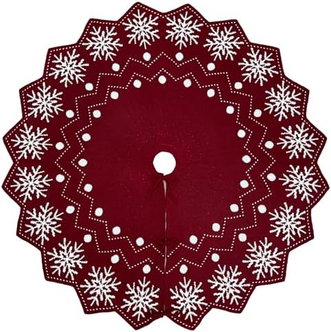 36-Inch Reversible Knit Tree Skirt with Christmas Star–Inspired Pointed Edge Border and Lace-Up Closures, Machine Washable Thick Acrylic Yarn, Burgundy & White