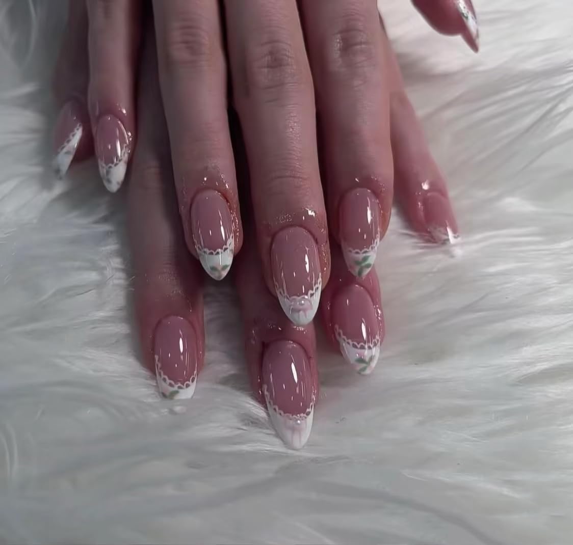 CurvLife Soft Gel Almond Press On Nails Medium, Long-Lasting Reusable Fake Nails Kit with Glue & Tabs, 30pcs Salon-Quality Stick On Nails for Women At-Home Manicure (Lace Bloom)