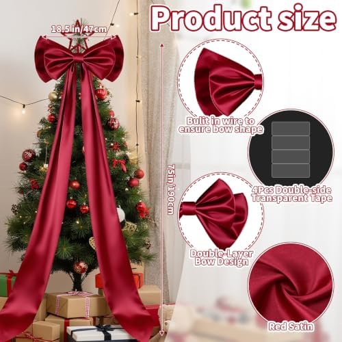 Dreamtop Giant Bow Decor, 19x75 Inch Christmas Tree Bow Topper Decoration for Christmas Tree for Home Wreath Wall Backdrop Birthday Wedding Party Decorations (Red)