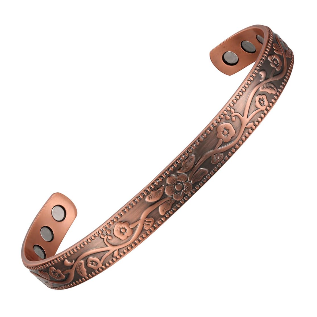 Earth Therapy Copper Flower Magnetic Cuff Bracelet for Men and Women - Adjustable - Ultra Strength