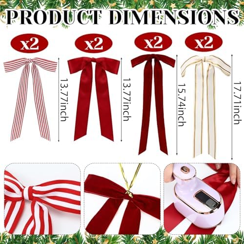 Suncalla 8 Pcs Christmas Wreath Bows Farmhouse Stripe Velvet, 13.8-17.7 in