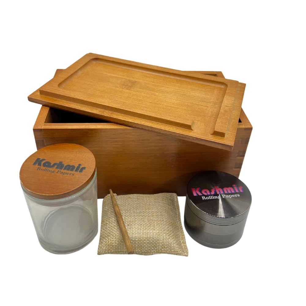 Kashmir Wooden Storage Kit – Bamboo Lockable Stash Box with Glass Jar & Rolling Tray, Smell-Proof Organizer for Home or Travel, Decorative Keepsake Gift with Combination Lock