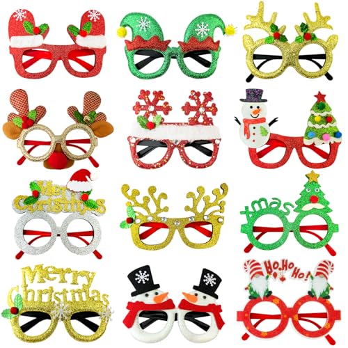 Christmas Party Favors Supplies 12 Pack, Universal Size Holiday Glasses Accessories, Xmas Party Prizes Photo Booth Props Decorations for Outfit, Christmas Goodie Bag Stocking Stuffers Gifts Giveaways - style: 12 PCS