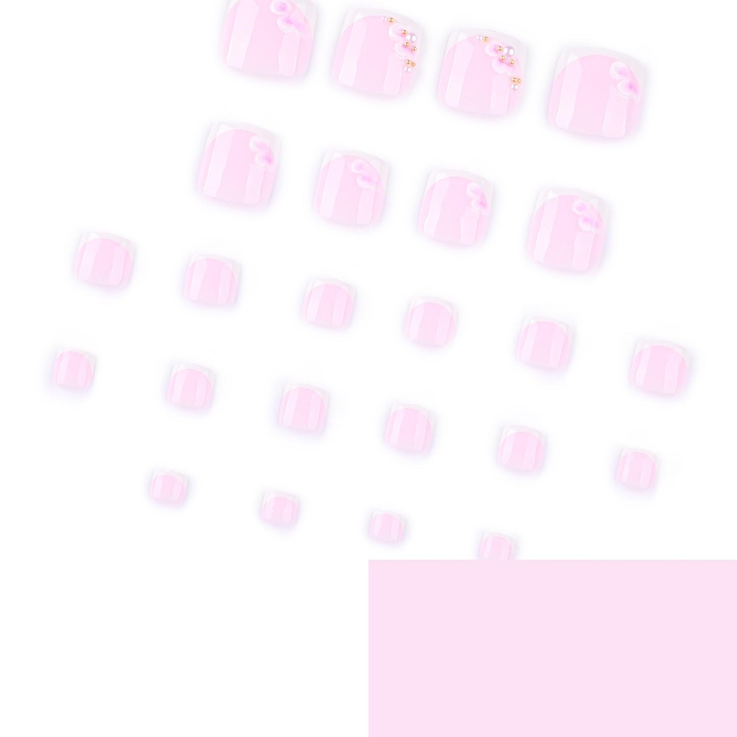 French Tip Press on Toe Nails Short Square Fake Toenails Pink 3D Flowers Acrylic Toe Nails Glossy Nature False Toenails Reusable Full Cover Glue on Artificial Nails for Women Manicure Decor 24Pcs
