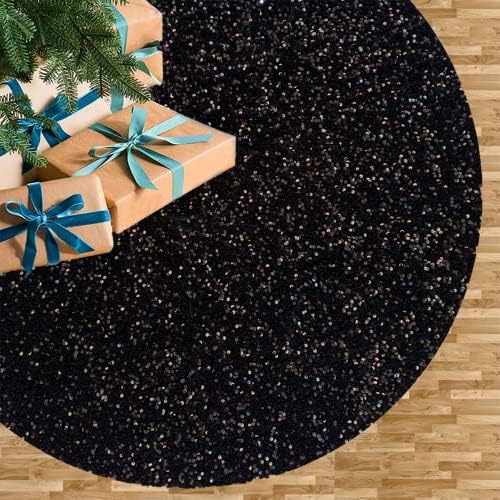 FUHSY Black Tree Skirt Christmas 46 Inch Velvet Tree Skirt Sequin Tree Mat Elegant Sequence Tree Mat Kits Shiny Xmas Skirts Tree Decoration for Merry Christmas Holiday Halloween Tree Skirts