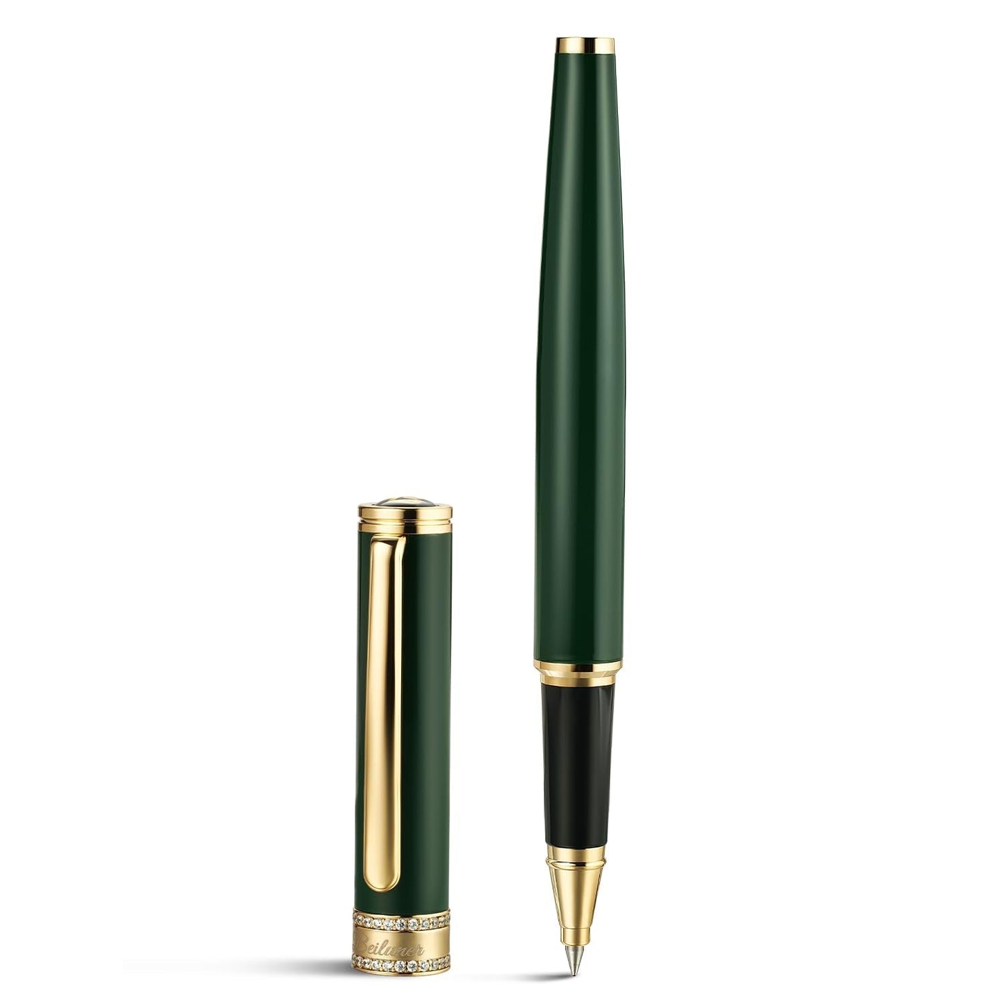 BEILUNER Green Lacquer Rollerball Pen, Diamond-Studded Cap Design, 24K Gold Trim, Noble and Elegant, Schneider Ink Refill, Best Pen Gift Set for Women & Men, Professional, Business Office, Nice Pens