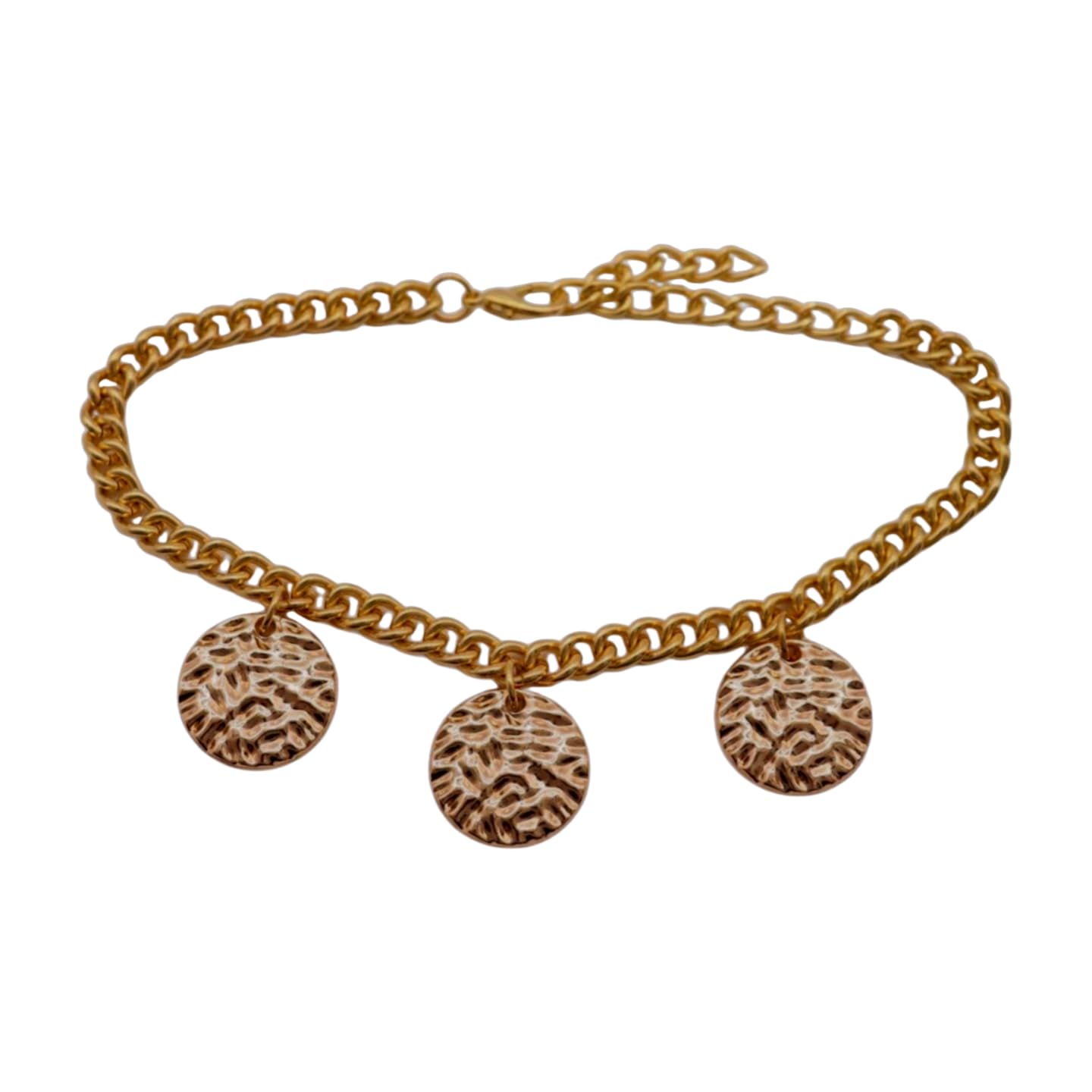 TrendyFashionJewelry Women's Adjustable Gold Tone Boot Chain Bracelet Pair With 3 Hammered Disc Charms, Lobster Clasp Extender, Handmade In USA (2PCS) BC239