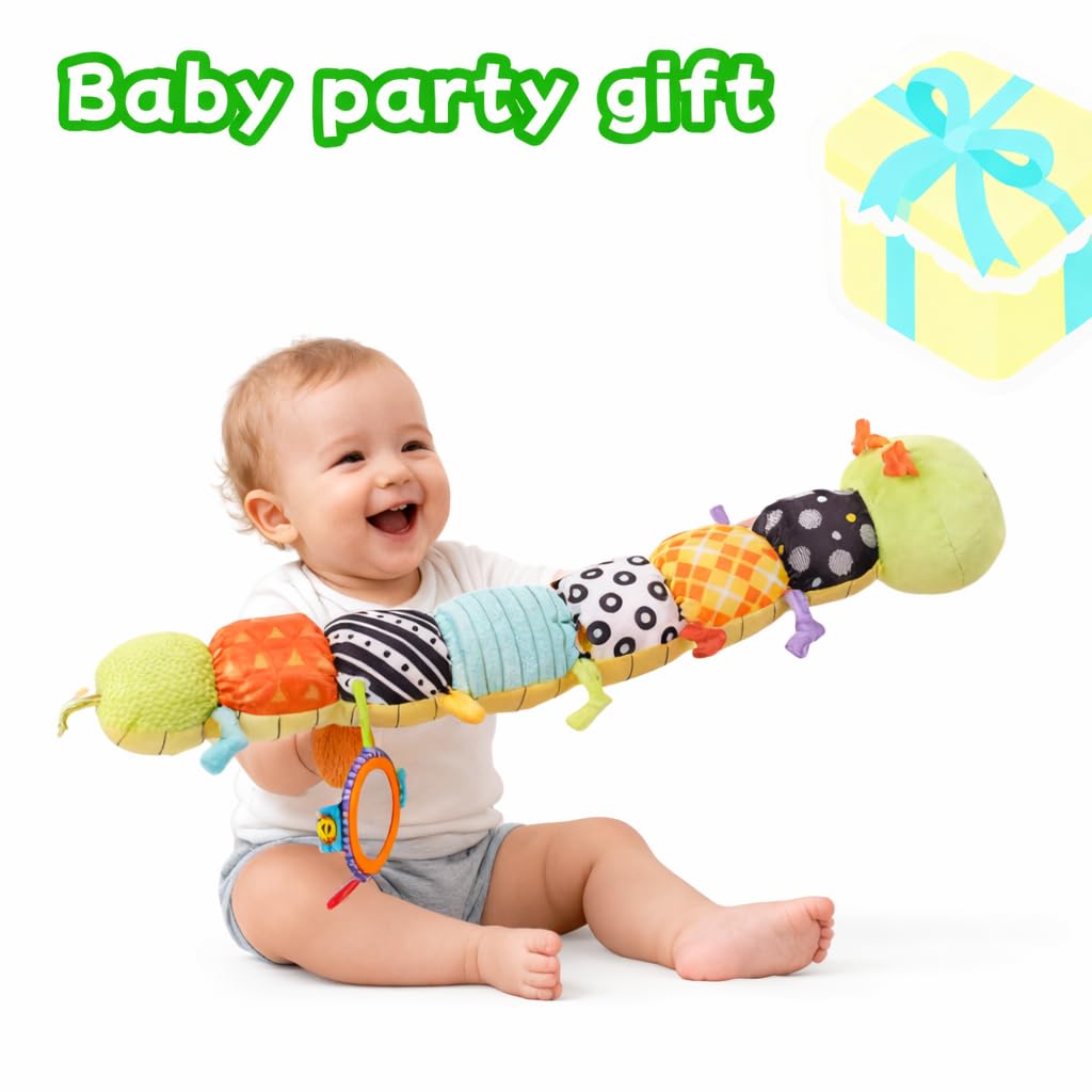 SRICH Baby Musical Plush Caterpillar Toy - 0-12 Months Tummy Time & Head Lifting Soft Sensory Toy, Rattle, Rustling Sounds & Mirror for Boys & Girls