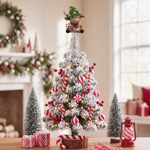 Gejoy Christmas Highland Cow Miniature Tree Topper 5.1 Inches Mini Resin Cattle Tree Top Decorations for Rustic Home Farmhouse Holiday Accents Party Decor, Thanksgiving Xmas Gift Ideals