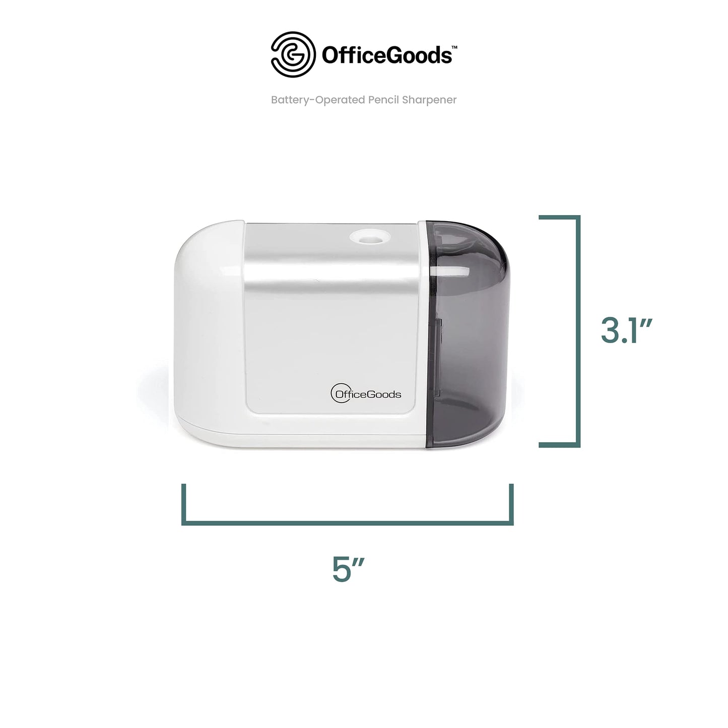 OfficeGoods Mini-Pro Electric Pencil Sharpener - Cordless Portable Sharpener - Battery Operated - Compact & Powerful for Home, Office & School - White