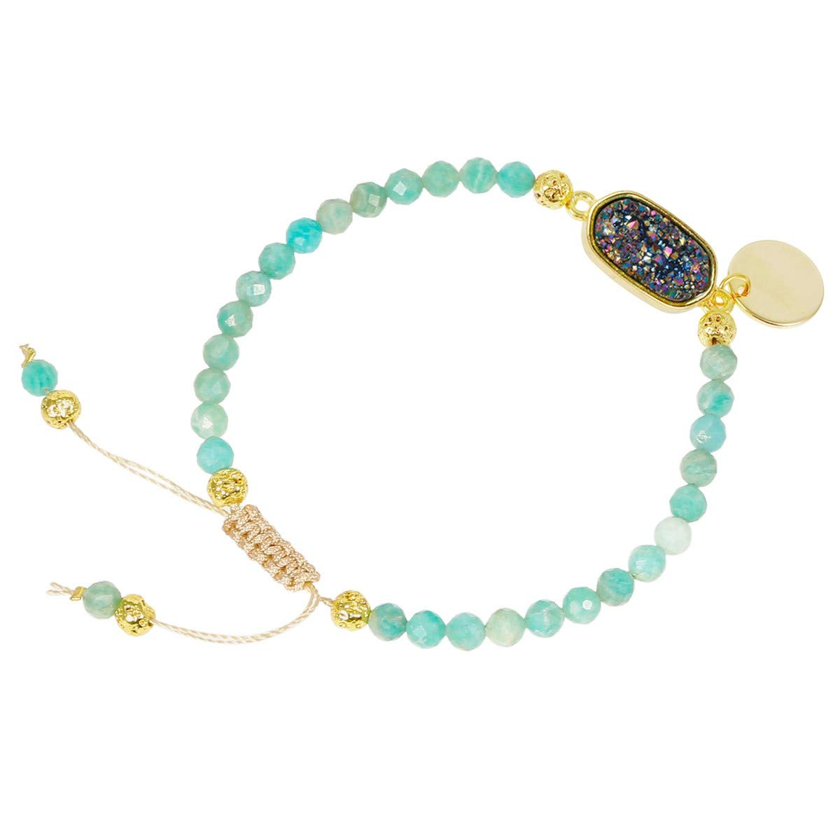 Nupuyai 4mm Faceted Stone Beads Bracelet for Women Men, Adjustable Healing Crystal Chakra Bracelet with Druzy Oval Charms, Amazonite