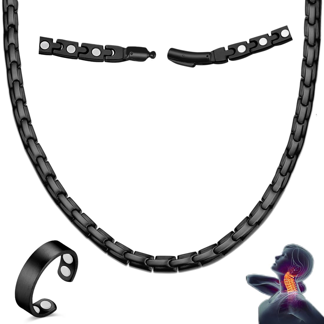 Vicmag Magnetic Titanium Necklace for Men & Women, Titanium Necklace Set with 4X Ultra Strength Magnets Ring, Adjustable Chain & Sizing Tool(Black)