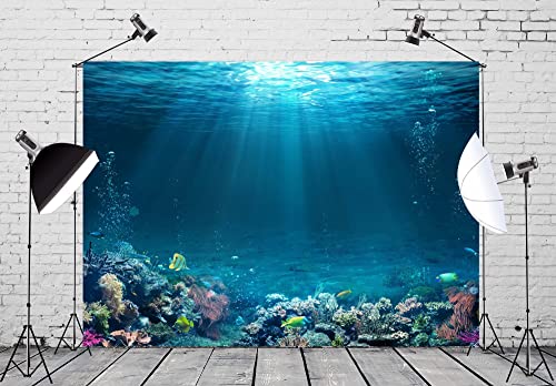 BELECO Underwater World Backdrop 12x8ft Fabric Undersea Backdrop for Photography Under The Sea Tropical Fish and Corral Deep Sea Sunlight Seabed Background Undersea Party Decor Photo Studio Props - size: 12x8FT