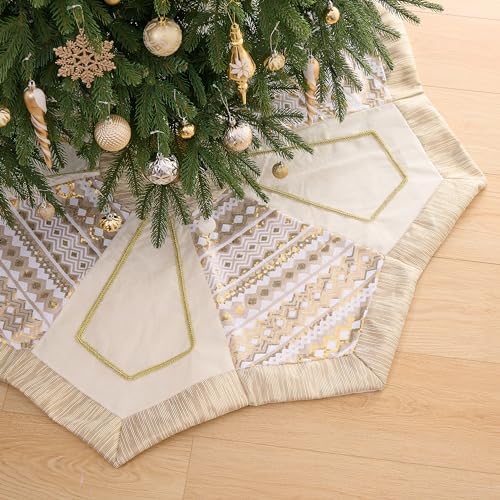 Valery Madelyn Christmas Tree Skirt for Tree Decorations, 60 Inch White Gold Octagon Large Xmas Tree Skirt with Embroidery & Geometric Sequin Pattern for Merry Christmas Party Christmas Decor