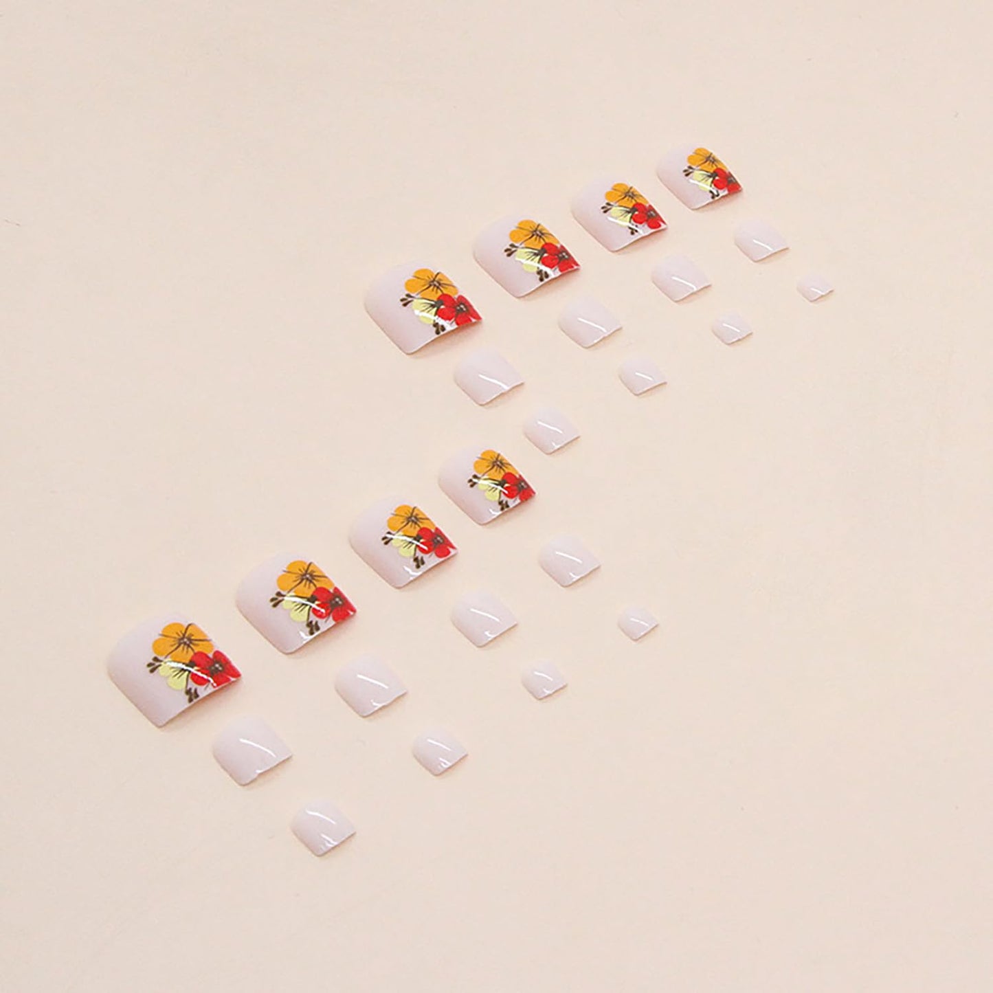 Press-On Coffin Nails with Flower Designs, Full Cover Reusable False Toenails with Adhesive Tab, Artificial Acrylic Fake Nails for Toe, Glue-On Toenails with Charm, Stick-On Toe Nails for Women