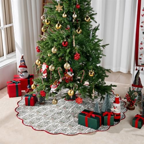 45 Inch Christmas Tree Skirt Vintage Red Floral Block Print Tree Skirts with Scalloped Edge, Classic Xmas Tree Skirt for Merry Christmas Party Holiday Home Farmhouse Indoor Outdoor Decorations