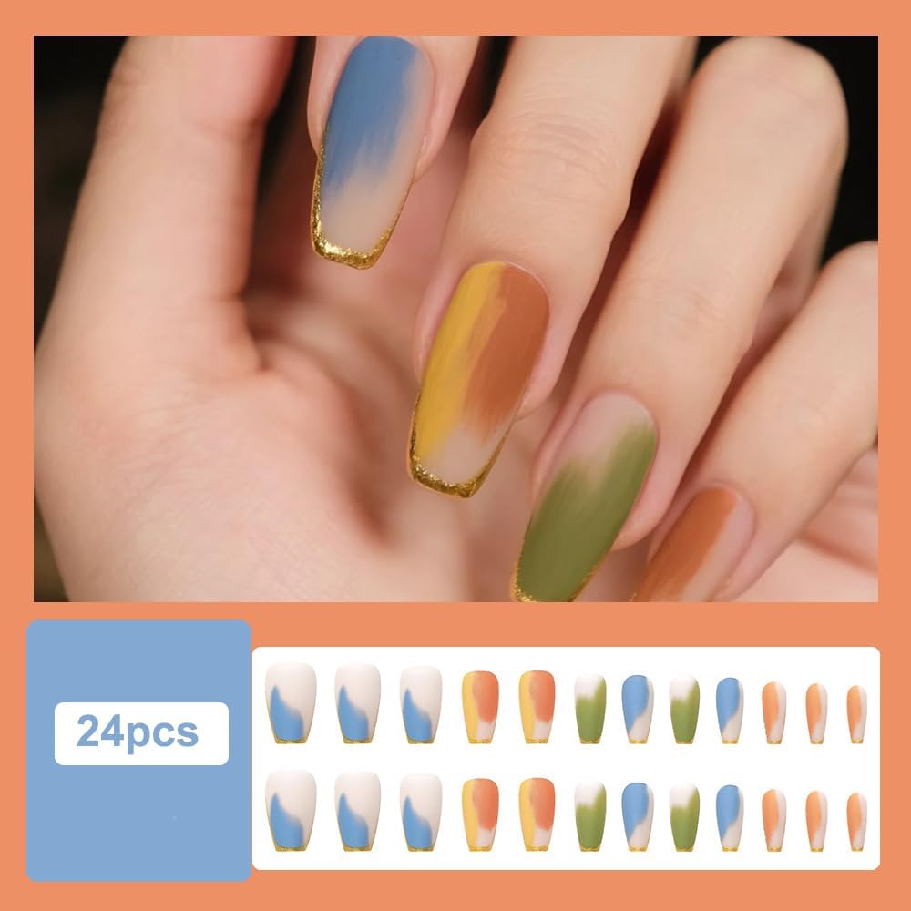 plalely Coffin Press on Nails Medium Gradient Fake Nail Golden Edge Acrylic Nail Press ons with Water Color Design Stick on Nail for Women 24pcs
