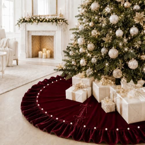 Christmas Tree Skirt,Velvet Tree Skirt with Ruffled Edge with Pearls, Classic Large Velvet Fur Plush Tree Skirt for Merry Christmas(WineRed,36Inch)