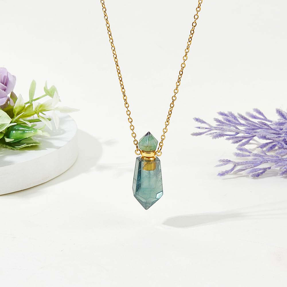 SUPERFINDINGS Essential Oil Diffuser Necklace Aromatherapy Diffuser Necklace Natural Fluorite Stone Perfume Bottle Pendant Hexagonal Pointed Perfume Bottle for Men Women Daily Focus Yoga Gifts