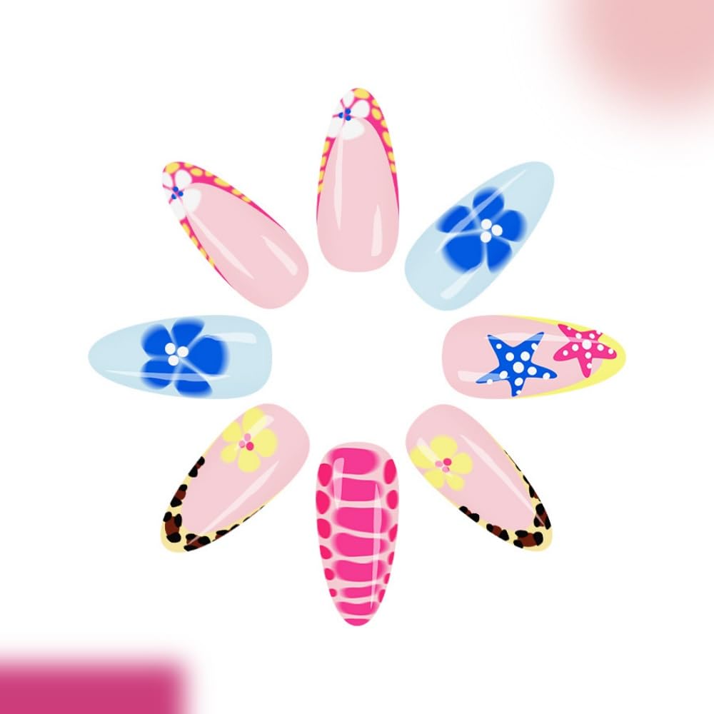 Almond Press on Nails Medium Fake Nails with Blue Flower Design Glossy Starfish False Nail Turtle Shell Leopard Prints Nail Press ons Reusable Spring Summer Acrylic Nail for Women Manicure 24Pcs