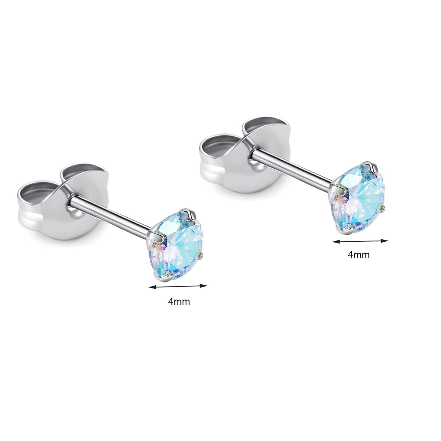 1 Pair Implant Grade Titanium Stud Earrings Set Hypoallergenic 3mm 4mm 5mm 6mm Cubic Zirconia G23 Titanium Earring Studs for Women Men for Sensitive Ear (4mm Aurora)