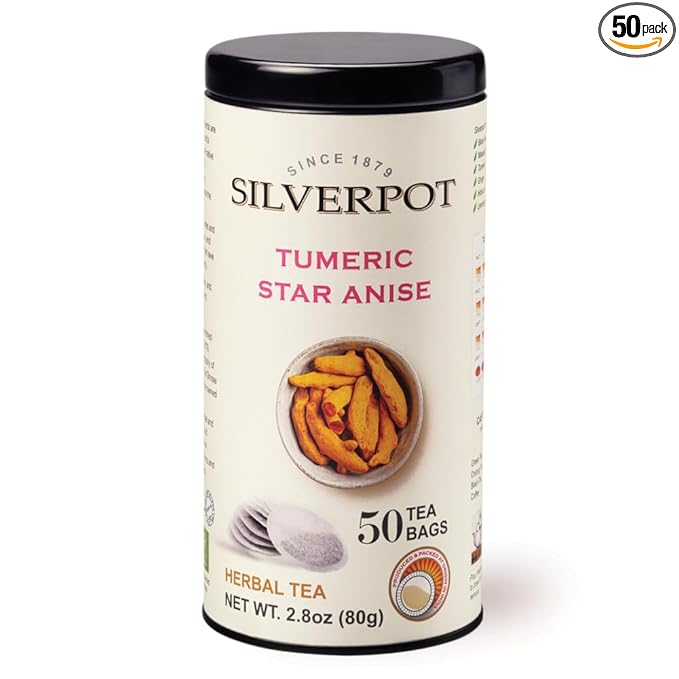 Silverpot Turmeric and Star Anise - 50 Round Tea Bags | Golden Spice, 100% Natural | Caffeine Free | Reusable Tin