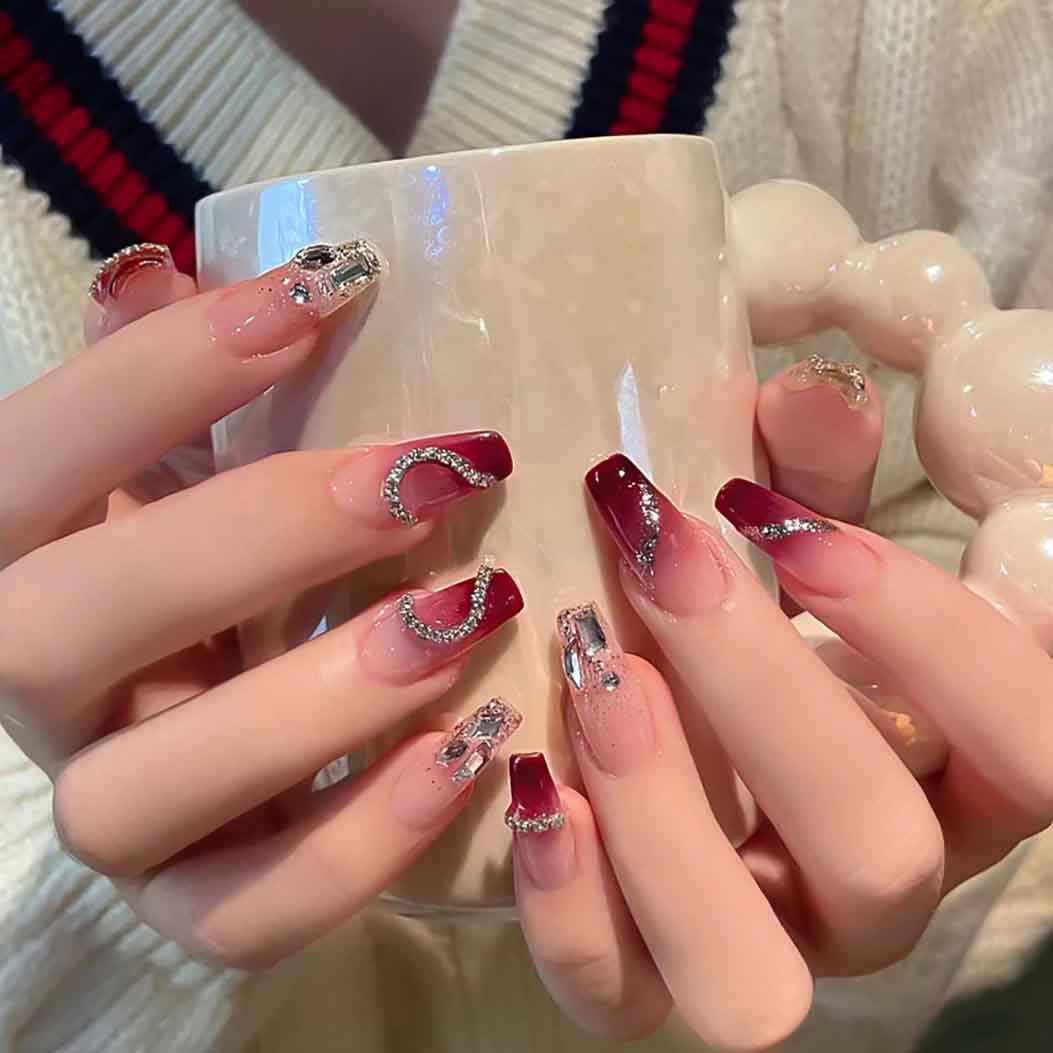 RikView Coffin Press on Nails Long Fake Nails with 3D Rhinestones Red Nails Glossy Full Cover Nails 24 PCs/Set