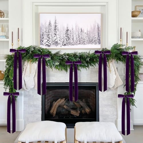 Velvet Bows for Christmas Tree Pack of 4 Large Rustic Crafts Gift Wreath Bow Ornaments for Xmas Topper Staircase Home Wedding Outdoor Interior Decor, 2" Width, 23 x 8.7 Inch (4, Purple)