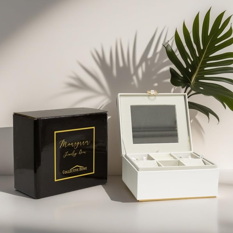 COLLECTIVE HOME - Monogram Jewelry Box with Mirror, Custom Gold Letter Engraving, Elegant Jewelry Organizer with Removable Tray, Gift for Mother’s Day, Girlfriend, Birthday (m)