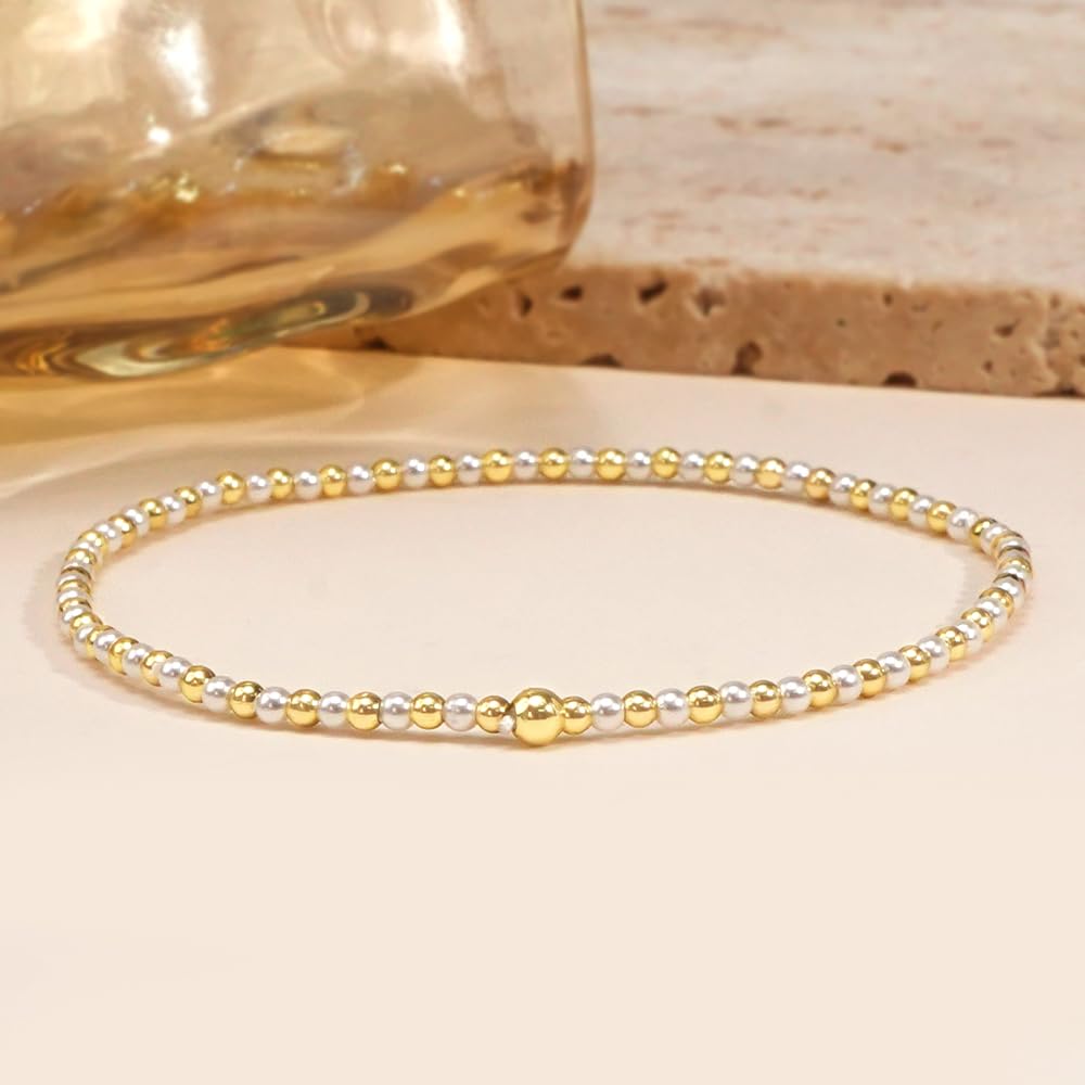 SHINUS BOHO 14K Gold Plated Blue Pink Beaded Bracelets Stack Set for Women,Stretch Stackable Cute Bohemian Colorful Fun Beads Ball Jewelry Friendship Summer Trendy