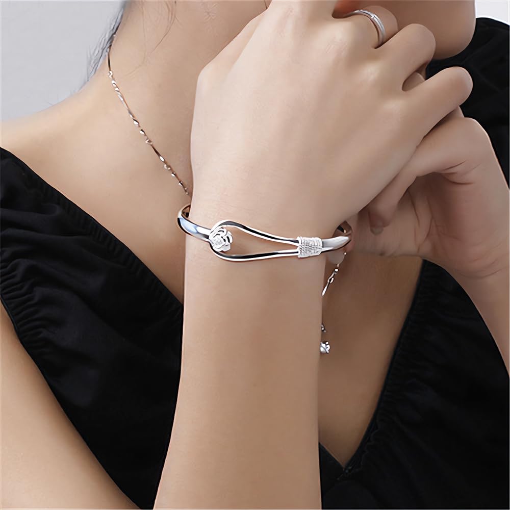 Baoaichi Handmade 925 Sterling Silver Sakura Bangle Bracelet For Women Hook Bangle Bracelet Flower Catch Loop Design Bangle Bracelet Thin Cuff Minimalist Design Jewelry Gift For Women