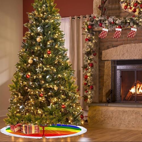 Christmas Tree Skirt 36" Inch LGBT Gay Pride Flag Xmas Tree Skirt Mat with White Tassel for Party Holiday, Tree Skirt Christmas Decorations