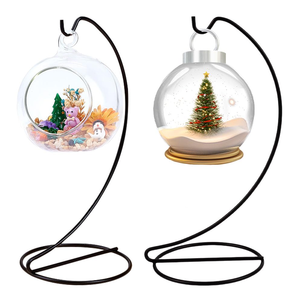 DELORIGIN 2pcs Ornament Display Stand Holder Glass Globe Black Iron Wire Stand Hanging Hook Holder Rack for Christmas Bauble Lanterns Hanging Air Plant Terrarium Witch Ball Decor DIY Craft Display