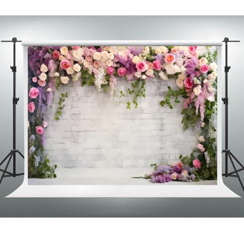 YongFoto Retro White Brick Wall Floral Arch Backdrop 12x10ft Rose Flowers Vine Leaves Photography Background Birthday Bridal Shower Wedding Party Banner Room Decor Portraits Photoshoot Wallpaper - size: 12ftx10ft