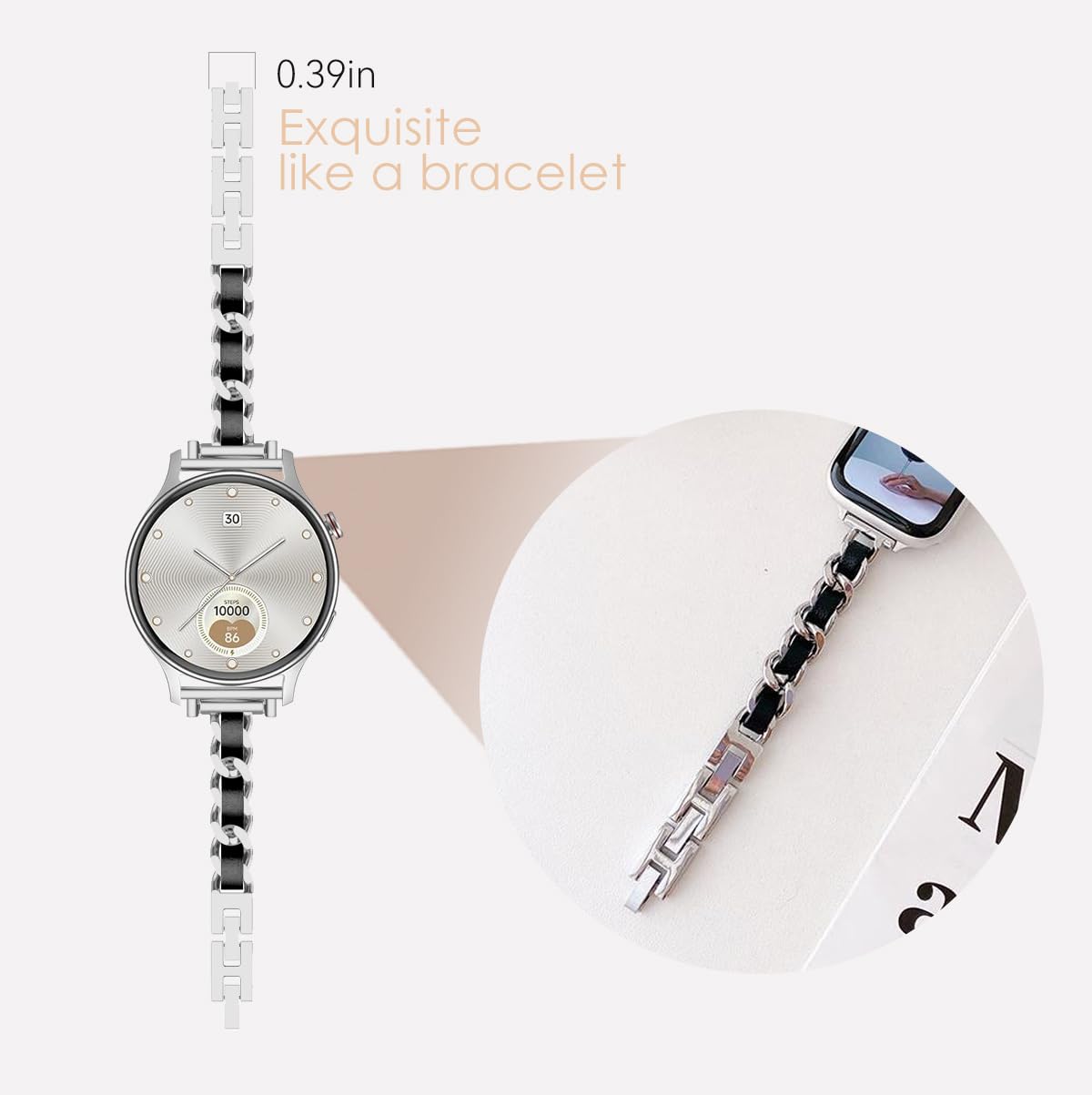 LYSANDRA Slim Gold Bands Adjustable Metal Chain Bracelet Strap Compatible with Fitpolo AR-01, aeac AR-01 Smartwatch, Adjustable Metal Chain Bracelet Strap with Leather (Silver)