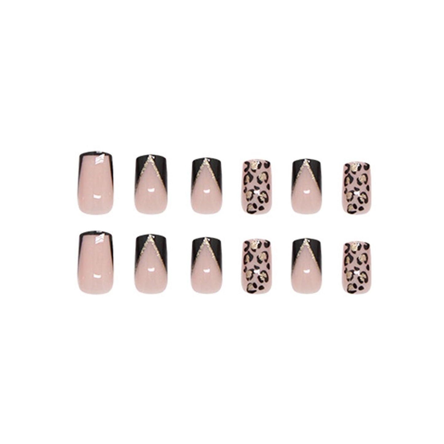 SINHOT Press on Nails - Short Square Fake Nails, Glossy Finish, Black French Tip & Cheetah, DIY Artificial False Nail Art - 24 Pcs Nail Kit with Glue