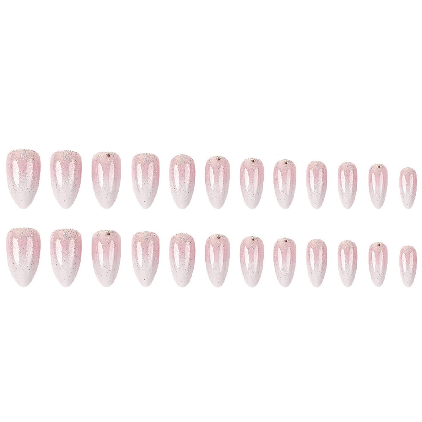 Pink Ombre Press On Nails Medium Almond Fake Nails Glitter With Rhinestones Designs Gradient Acrylic Artificial Fingernails Full Cover Glossy False Nail Reusable Glue On Nails For Women 24pcs
