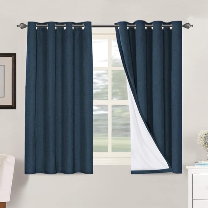 H.VERSAILTEX Linen Blackout Curtains 54 Inches Long 100% Absolutely Blackout Thermal Insulated Textured Linen Look Curtain Draperies Anti-Rust Grommet, Energy Saving with White Liner, 2 Panels, Navy