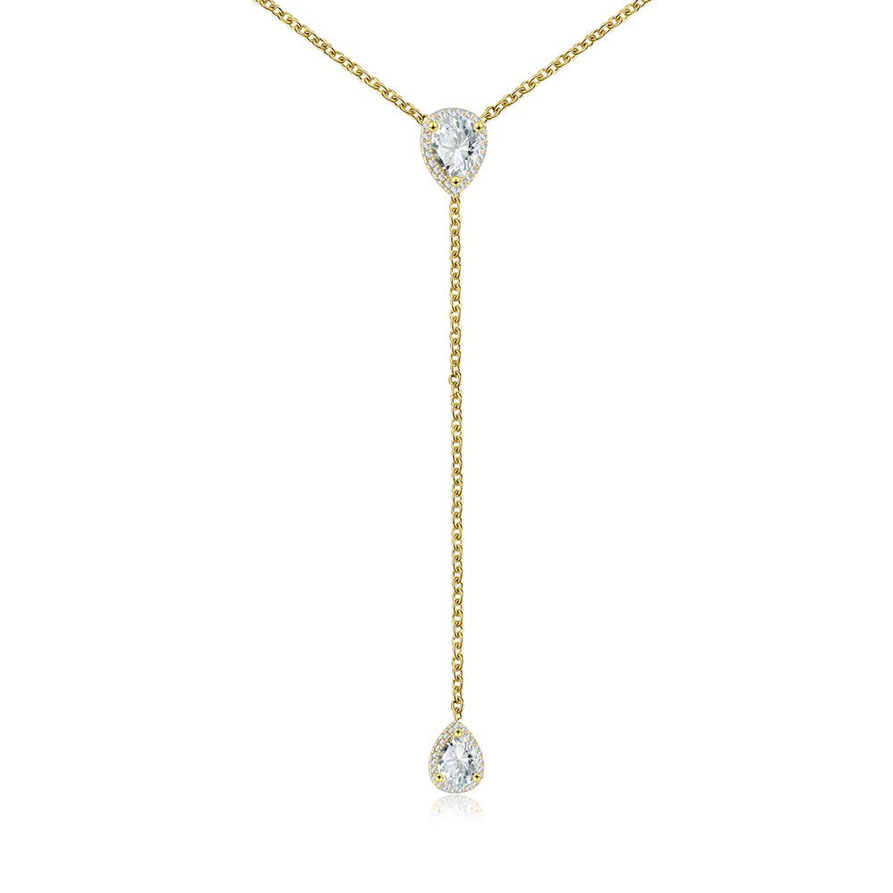 CZ Pear Drop Lariat Necklace 16" with 2.75" Y Drop Adjustable, 14K Yellow Gold Finish