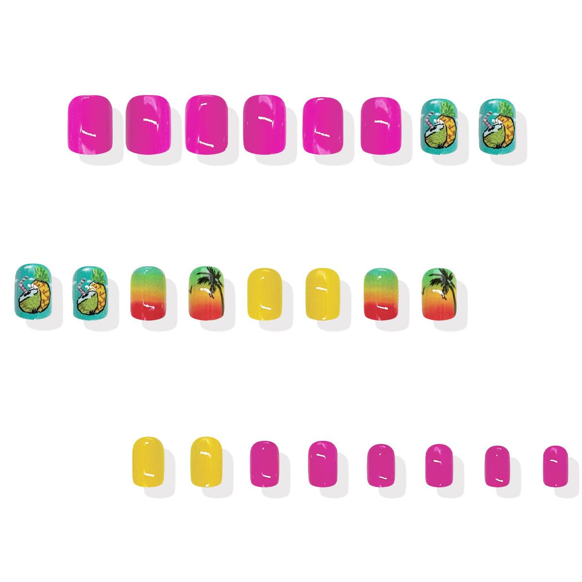 Tropical Press on Nails Short Square Fake Nails Summer Nails Press ons with Palm Tree & pineapple Design Full Cover Stick on Nails for Women Beach Manicure,Artificial | Reusable | Easy Apply | 24Pcs